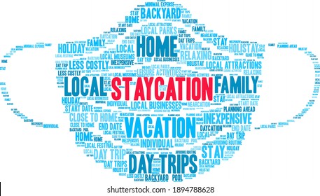 Staycation word cloud on a white background. 