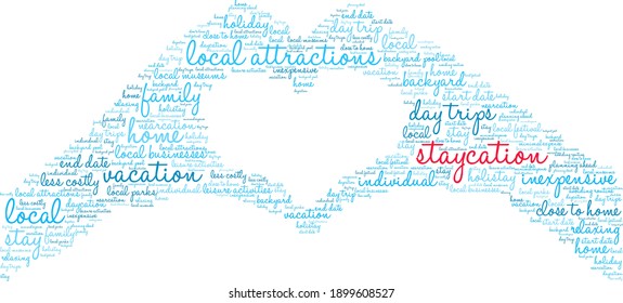 Staycation word cloud on a white background. 