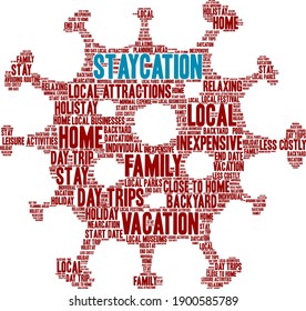 Staycation word cloud on a white background. 