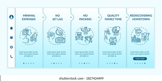 Staycationing advantages onboarding vector template. Quality family time. Rediscovering hometown. Responsive mobile website with icons. Webpage walkthrough step screens. RGB color concept