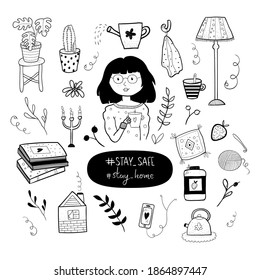 StayHome concept. Vector hand drawn quarantine positive doodles. pandemic illustration.Handmade elements - a girl with a cup,a floor lamp, home plants, a cushion etc.