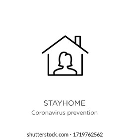 Stayhome icon. Thin linear stayhome outline icon isolated on white background from Coronavirus Prevention collection. Modern line vector sign, symbol, stroke for web and mobile