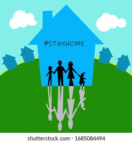stayhome - stay home hashtag with house and family inside. Let's stay home campaign for Prevention of Coronavirus or Covid-19.