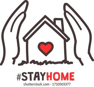 Stayhome symbol in hands. Stayhome challenge hashtag. Save yourself and save lives. Self-isolation concept. Social media tag connected with the fight against the Covid19 disease. 