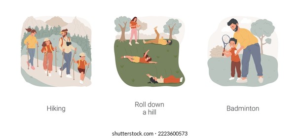 Staying active outdoors isolated cartoon vector illustration set. Group of people hiking together, family members roll down a hill for fun, father playing badminton with kid vector cartoon.
