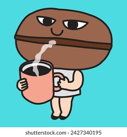 Staying Awake Young  Coffee Bean Head Woman Holding Her Cup Of Black Coffee Concept Card Character illustration