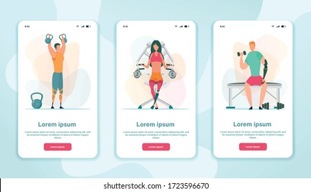 Staying In Good Shape, Being Strong And Healthy Despite Disability. People With Artificial Limb Exercising In Gym With Dumbbells And In Hammer. Three Phone Application Landing Page Template.