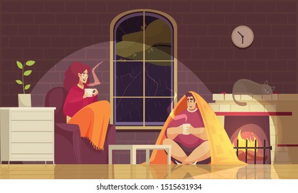 Staying home in bad weather flat composition with couple wrapped in blankets sipping hot tea vector illustration