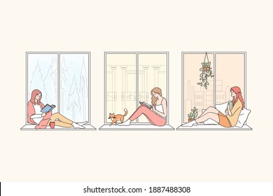 Estar en casa durante el concepto de pandemia. Personajes de dibujos animados de mujeres jóvenes sentadas en el umbral de la ventana en casa, leyendo, mirando la ventana, pensando y disfrutando de la ilustración vectorial del tiempo libre