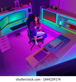 Staying at home during the pandemic playing video games. A girl sits on a gaming chair at a desk playing a computer or console game in a purple and green lit room.