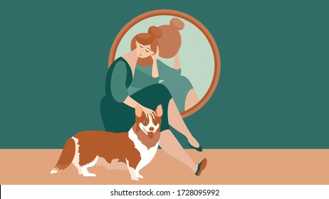 Me quedo en casa. Ocupación y amistad con mascotas. Entrenamiento de perros. Vector de estilo plano. El perro tiene derecho a caminar uno. Muchacha frente a un espejo.