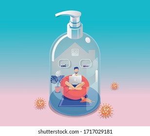 Staying at Home, Quarantine concept. Coronavirus, young men working on a laptop in a house transform to gel alcohol bottle on green background with many viruses surrounded. Vector