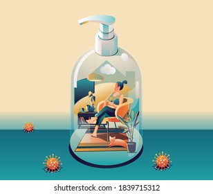 Staying at Home, Quarantine concept. Coronavirus, COVID-19, People working on a laptop in a house transform to gel alcohol bottle on green background with many viruses surrounded. Vector Flat Design