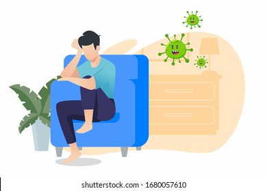 staying at home with self quarantine to help slow outbreak and protect virus spread. a man wearing medical mask and self isolation in his home with restricted area alert sign. vector illustration