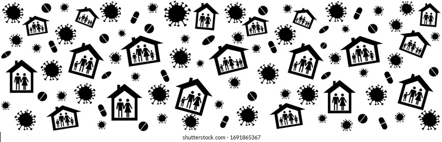  staying at home with self quarantine to help slow outbreak and protect virus spread. seamless repeating pattern background, illustration virus coronavirus 2019-nCoV on white background, Covid 19, 