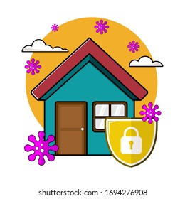 Staying home with self quarantine, shield, corona virus 2020, work from home,flat design