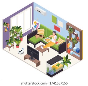 Staying home watching tv with pets eating pizza on sofa isometric living room interior vector illustration 