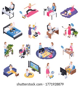 Staying home working remotely watching tv playing with kids watering plants reading sewing isometric set vector illustration 
