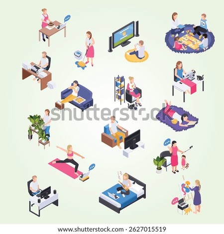 Staying home working remotely watching tv playing with kids watering plants reading sewing isometric set vector illustration family distance employee network life work from home cozy freelancer