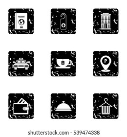 Staying in hotel icons set. Grunge illustration of 9 staying in hotel vector icons for web