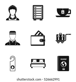 Staying in hotel icons set. Simple illustration of 9 staying in hotel vector icons for web