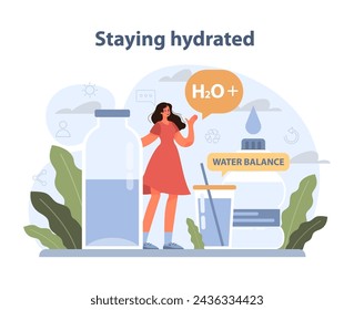 Staying Hydrated theme. A woman highlights the benefits of water intake for maintaining fluid balance. Promoting health through hydration. Vector illustration.