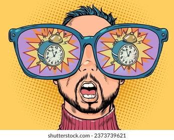 Staying late for an important event and realizing it too late. Huge glasses and reflection in them. A man with glasses looks at the alarm clock.