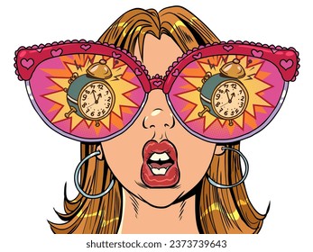 Staying late for an important event and realizing it too late. Huge glasses and reflection in them. A woman with glasses looks at the alarm clock.