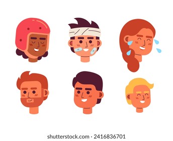 Staying positive accident victims 2D vector avatars illustration set. Diverse women, men cartoon character faces. Laughing people icons collection. Flat color users profiles images isolated on white