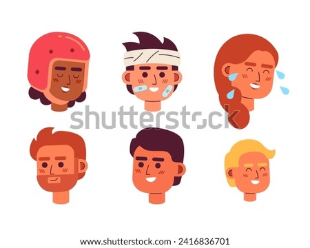Staying positive accident victims 2D vector avatars illustration set. Diverse women, men cartoon character faces. Laughing people icons collection. Flat color users profiles images isolated on white