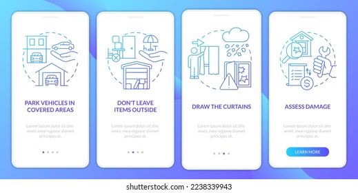 Staying safe during hail blue gradient onboarding mobile app screen. Walkthrough 4 steps graphic instructions with linear concepts. UI, UX, GUI template. Myriad Pro-Bold, Regular fonts used