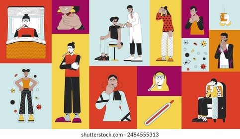 Mantenerse enfermo en casa bento cuadrícula conjunto de ilustración. Fiebre alta, síntomas de frío, inmunización Imagen de Vector 2D diseño gráfico colección. Diseño de cartón plano multinacional de personas enfermas