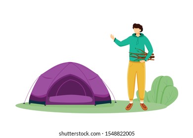 Staying in tent flat vector illustration. Summer camping activity. Cheap travelling choice. Active vacation. Young man on forest trip. Budget tourism isolated cartoon character on white background