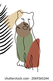 Staying tiger with palm leafe. Abstract line art. Tiger face modern art. Vector wild cat. T shirt print, minimalists poster