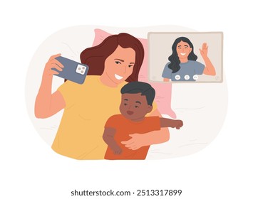 Manter contato com amigos ilustrações isoladas de desenhos animados vetoriais. Jovem mãe com seu bebê tem videochamada com seu amigo, jovens pais rotina de casa, tarefas diárias vetor cartoon.