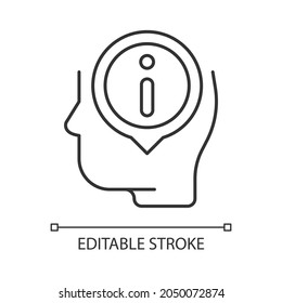 Staying well informed linear icon. Obtain extensive information and facts. Knowledgeable person. Thin line customizable illustration. Contour symbol. Vector isolated outline drawing. Editable stroke