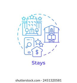 Stays blue gradient concept icon. Travel service. Online booking. Vacation rentals. Hospitality service. Round shape line illustration. Abstract idea. Graphic design. Easy to use in application