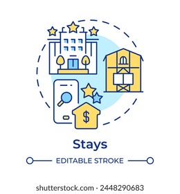 Stays multi color concept icon. Travel service. Online booking. Vacation rentals. Hospitality service. Round shape line illustration. Abstract idea. Graphic design. Easy to use in application