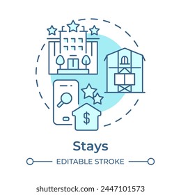 Stays soft blue concept icon. Travel service. Online booking. Vacation rentals. Hospitality service. Round shape line illustration. Abstract idea. Graphic design. Easy to use in application