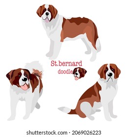 St.bernard dog doodle. Collection in different poses in free hand drawing illustration style on white background.
