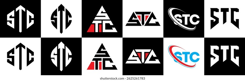 STC letter logo design in six style. STC polygon, circle, triangle, hexagon, flat and simple style with black and white color variation letter logo set in one artboard. STC minimalist and classic logo