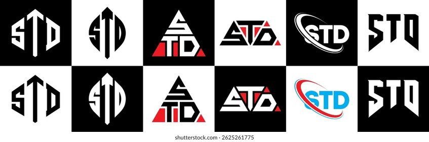 STD letter logo design in six style. STD polygon, circle, triangle, hexagon, flat and simple style with black and white color variation letter logo set in one artboard. STD minimalist and classic logo