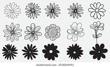 Ste of flowers , vector botanical flowers  icon, black and white silhouette illustration design. Perfect for branding, this illustration.