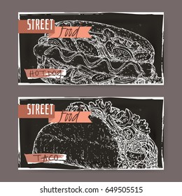 Ste of two landscape banners with hot dog and taco sketch on black. American and Mexican cuisine. Street food series. Great for market, restaurant, cafe, food label design.