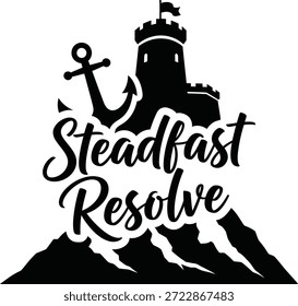 Steadfast Resolve Mountain Peak Shield Vetor Black Hand Drawn Typography Logo Emblema Badge Ícone Silhueta Vintage Retro Graphic Strength Sucesso