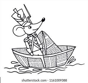 The Steadfast Tin Soldier by Hans Christian Andersen. Tin mouse soldier in a paper boat on the river. Black and white vector for card or gift. 