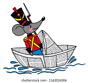 The Steadfast Tin Soldier by Hans Christian Andersen. Tin mouse soldier in a paper boat on the river. Colored vector for card or gift. 