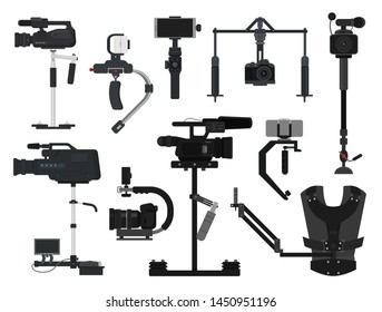 Steadicam vector video digital camera professional film equipment stabilizer illustration set of photographer videographer movie technology production isolated on white background