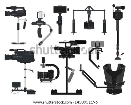 Steadicam vector video digital camera professional film equipment stabilizer illustration set of photographer videographer movie technology production isolated on white background