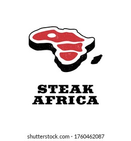 Logo de Steak Africa. Vector retro de platos de carne negra y roja ilustración del logotipo. Etiqueta gráfica parrilla, emblema, símbolo. Insignia del restaurante de carne de res premium